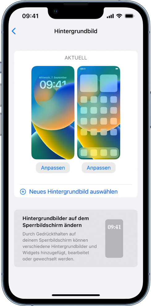 Der Einstellungsbildschirm für das Hintergrundbild mit Tasten zum Anpassen des aktuellen Home-Bildschirms und Sperrbildschirms und der Taste „Neues Hintergrundbild auswählen“ zum Ändern des Hintergrundbildes.