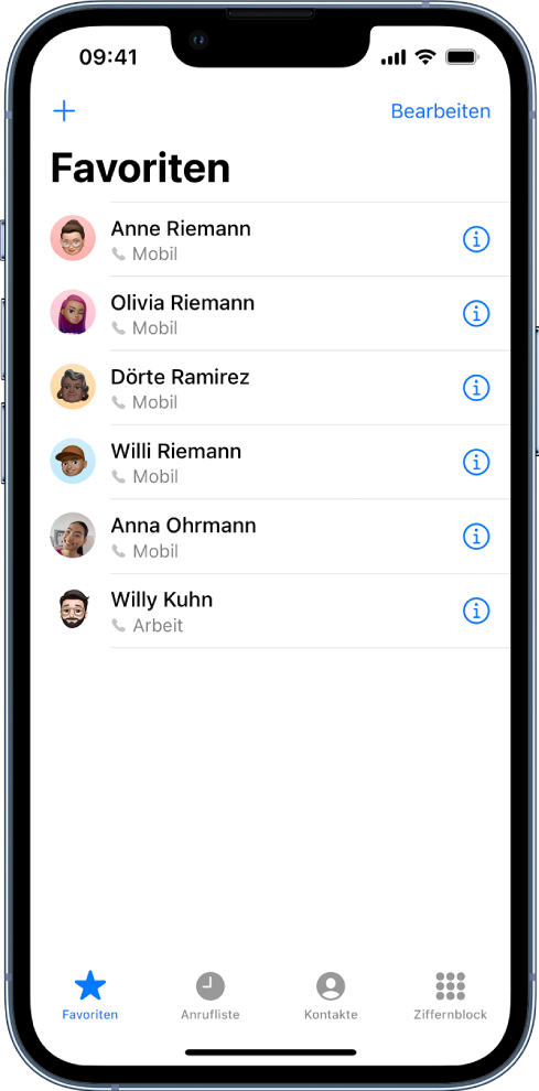 Der Bildschirm „Favoriten“ in der App „Kontakte“. Sechs Kontakte sind als Favoriten aufgelistet.