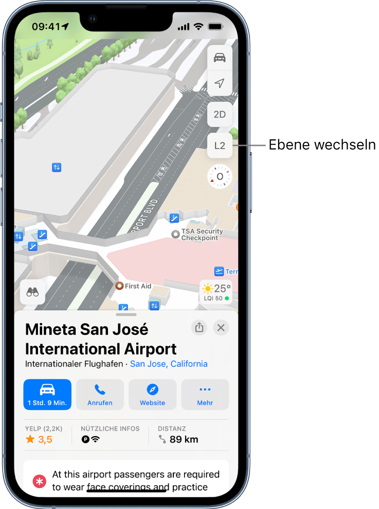 Eine Indoor-Karte eines Flughafenterminals. Die Karte zeigt einen Sicherheitskontrollpunkt, Rolltreppen, Aufzüge und Erste-Hilfe-Stationen.