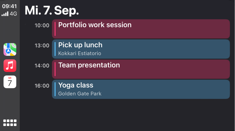 Eine Kalenderansicht in CarPlay, die vier Ereignisse für Dienstag, den 7. September zeigt.
