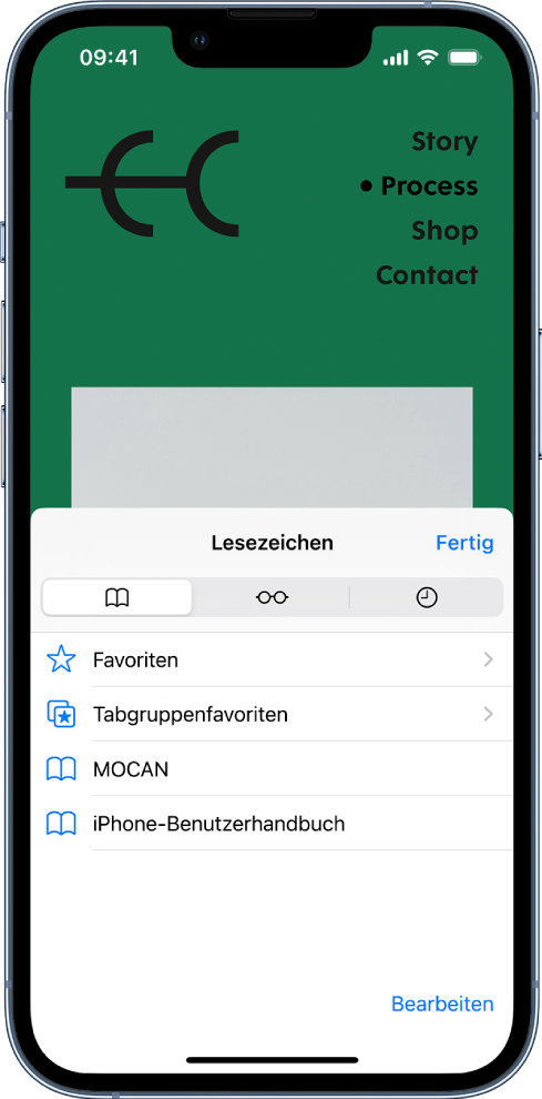Der Bildschirm „Lesezeichen“ mit Optionen zum Anzeigen von Lesezeichen, Favoriten, Tabgruppenfavoriten, der Leseliste und des Browserverlaufs.