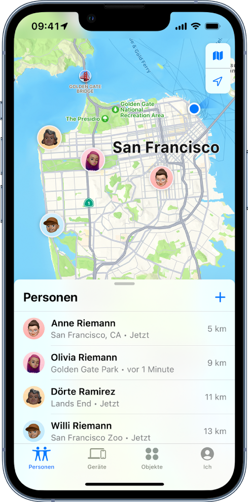 Der Bildschirm „Wo ist?“ zeigt die Liste „Personen“ und deren Standorte auf einer Karte von San Francisco.