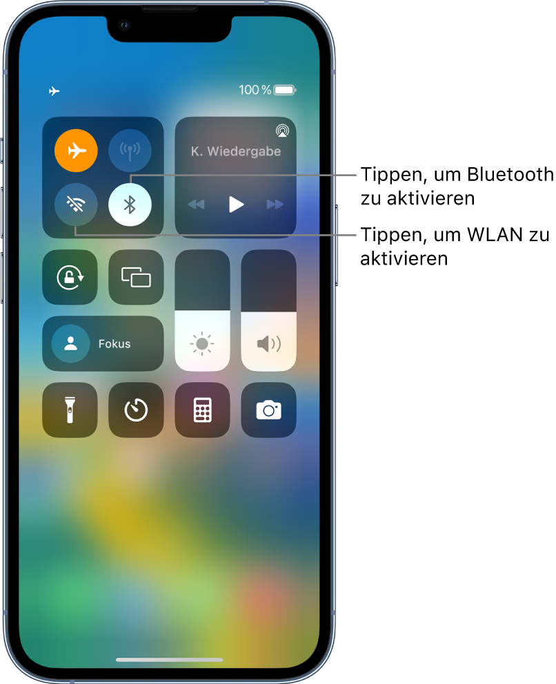 Kontrollzentrum mit aktiviertem Flugmodus. Die Tasten zum Aktivieren von „WLAN“ und „Bluetooth“ befinden links oben im Kontrollzentrum.