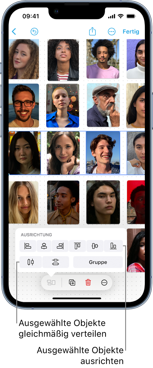 Ein Freeform-Board mit einem Fotoraster. Eine Fotozeile ist ausgewählt und die Ausrichtungs- und Gruppierungswerkzeuge werden angezeigt.