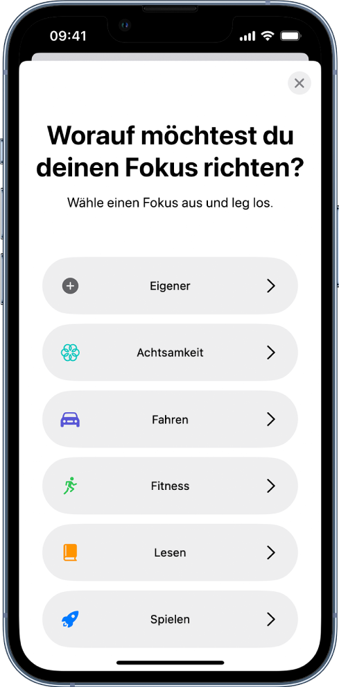 Abbildung einer Fokus-Konfiguration für eine der zusätzlich bereitgestellten Fokus-Optionen wie „Eigener“, „Fahren“, „Fitness“, „Spielen“, „Achtsamkeit“ und „Lesen“