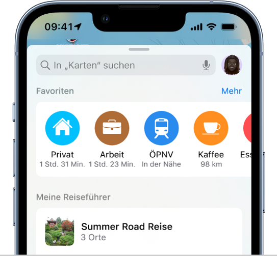 Eine Suchkarte mit mehreren Favoriten wird oben in der Karte angezeigt.