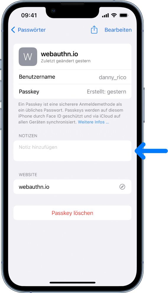 Ein Passkey-Bildschirm im iCloud-Schlüsselbund mit Informationen über den Passkey und einem Bereich zum Hinzufügen und Anzeigen von Notizen.