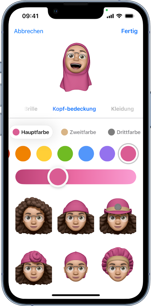 Der Memoji-Bildschirm. Im oberen Bereich wird die Figur angezeigt, die gerade erstellt wird. Darunter befinden sich die Merkmale zum Anpassen der Figur und darunter Optionen für das ausgewählte Merkmal. Oben rechts befindet sich die Taste „Fertig“ und oben links die Taste „Abbrechen“.