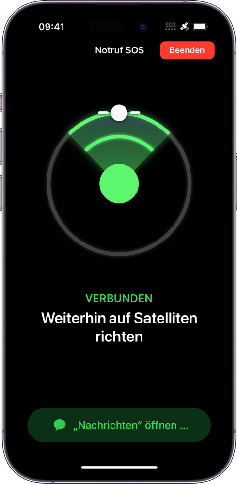 Ein Notruf SOS-Bildschirm mit der Anleitung, das iPhone in Richtung eines Satelliten zu halten. Darunter befindet sich eine Benachrichtigung wie „Nachrichten öffnen“.