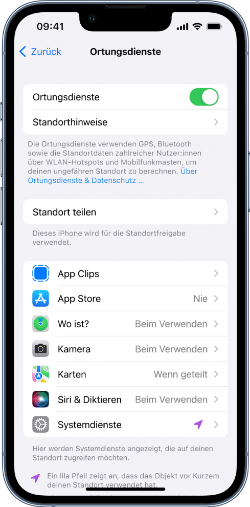 Der Bildschirm „Ortungsdienste“ mit Einstellungen für die Freigabe des Standorts deines iPhone und Einstellungsoptionen für einzelne Apps.