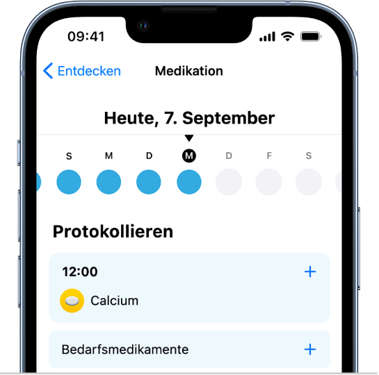 Der Bildschirm „Medikation“ in der App „Health“ mit einer Zeitleiste und einem Protokoll für die Medikamenteneinnahme.
