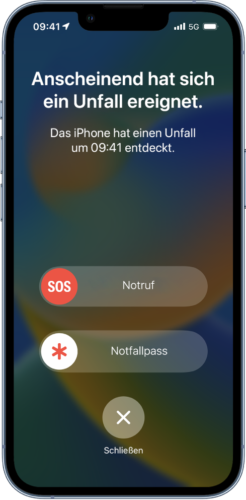 Auf einem iPhone-Bildschirm wird angezeigt, dass ein Unfall entdeckt wurde. Darunter befinden sich die Tasten „Notruf“, „Notfallpass“ und „Schließen“.