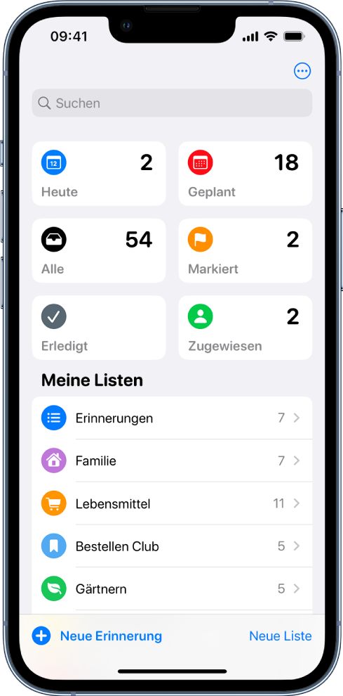 Ein Bildschirm der App „Erinnerungen“ mit verschiedenen Listen. Über „Intelligente Listen“ für heute fällige Objekte, geplante Erinnerungen, alle und markierte Erinnerungen wird das Suchfeld angezeigt. Die Taste „Neue Liste“ befindet sich unten rechts.