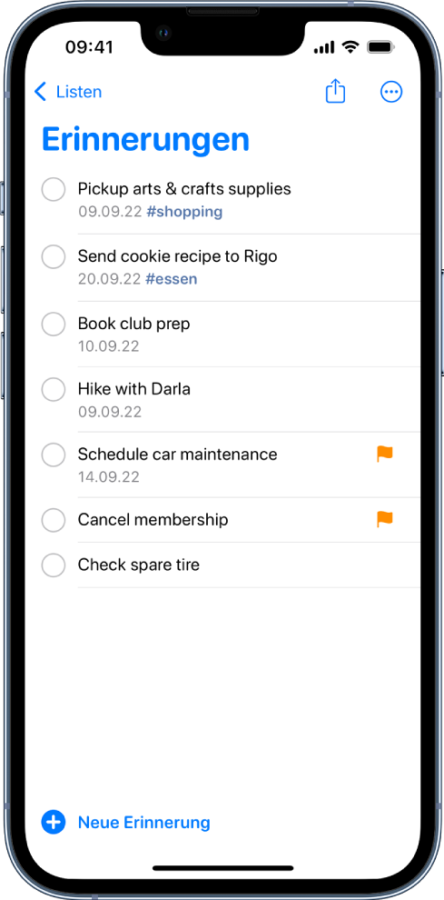 Ein Bildschirm „Erinnerungen“ mit einer Aufgabenliste. Die Taste „Neue Erinnerung“ wird unten links angezeigt.