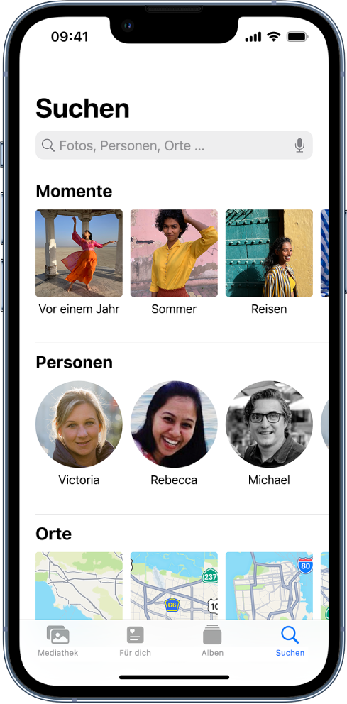 Die ausgewählte Taste „Suchen“ im unteren Bereich der App „Fotos“. Oben auf dem Bildschirm befindet sich das Suchfeld. Auf dem übrigen Bildschirm werden von oben nach unten die folgenden Elemente angezeigt: „Momente“, „Personen“ und „Orte“.