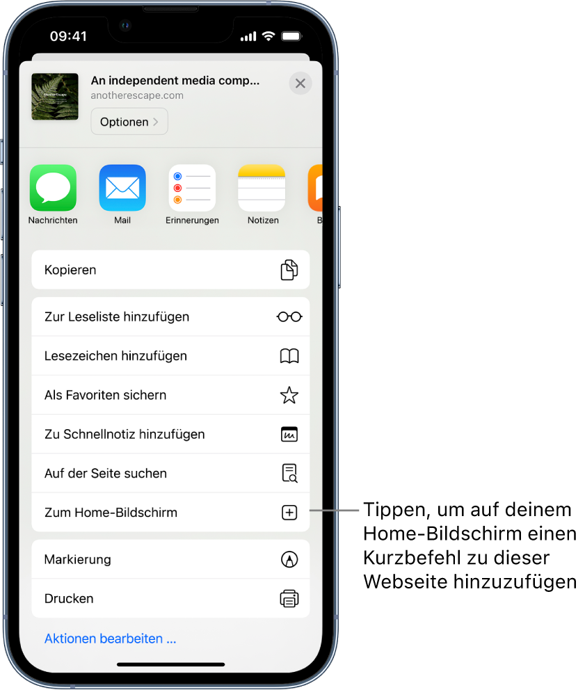 In Safari“ wurde auf die Taste „Teilen“ einer Website getippt und eine Liste mit Optionen wird angezeigt. Unten auf dem Bildschirm befindet sich die Option „Zum Home-Bildschirm“. Tippe, um eine Verknüpfung zu dieser Website zum Home-Bildschirm hinzuzufügen.