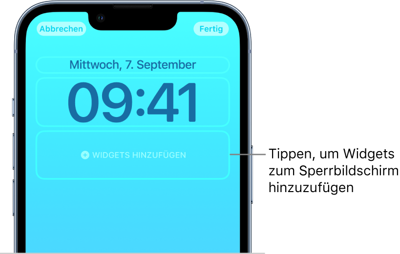 Ein eigener Sperrbildschirm wird gerade erstellt. Elemente für die Anpassung sind ausgewählt – das Datum, die Uhrzeit und eine Taste zum Hinzufügen von Widgets.