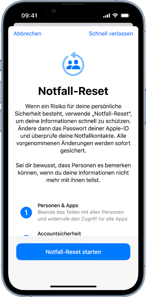 Der Bildschirm „‚Notfall-Reset“ mit Informationen über die Funktionsweise der Funktion. Die Taste „Notfall-Reset starten“ befindet sich unten.