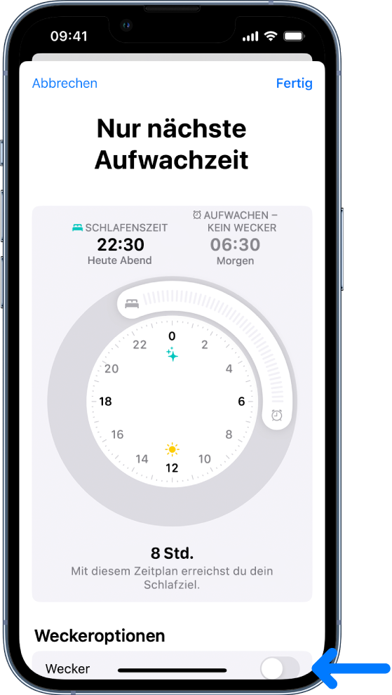 Der Bildschirm „Nur nächste Aufwachzeit“ mit der deaktivierten Option „Wecker“ unten.