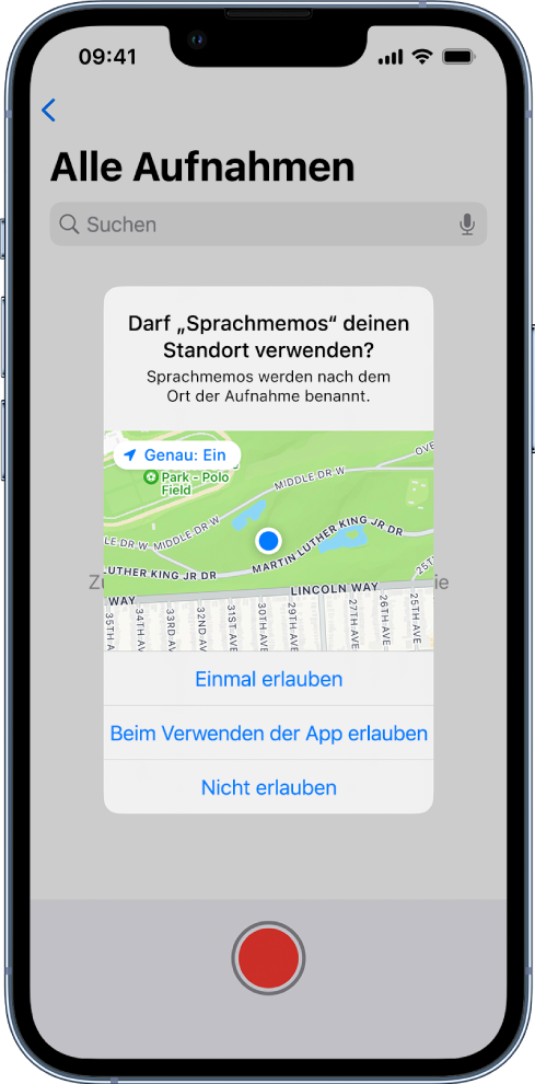 Eine App-Anfrage zur Verwendung deiner Standortdaten auf dem iPhone. Die verfügbaren Optionen sind „Einmal erlauben“, „Beim Verwenden der App erlauben“ und „Nicht erlauben“.