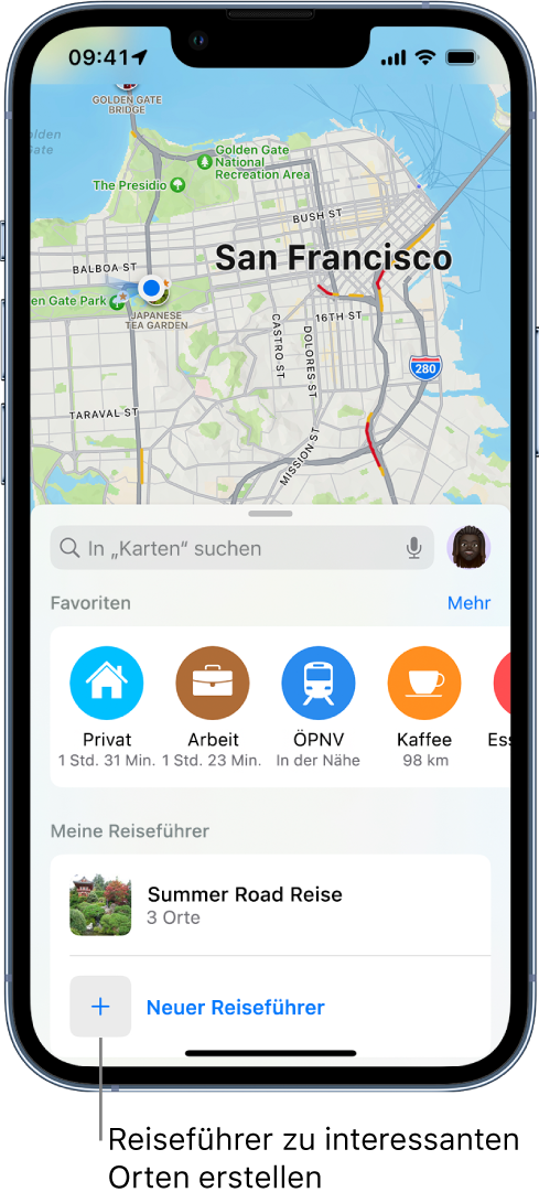 Eine Suchkarte in der App „Karten“ mit der Taste „Neuer Reiseführer“ unten.