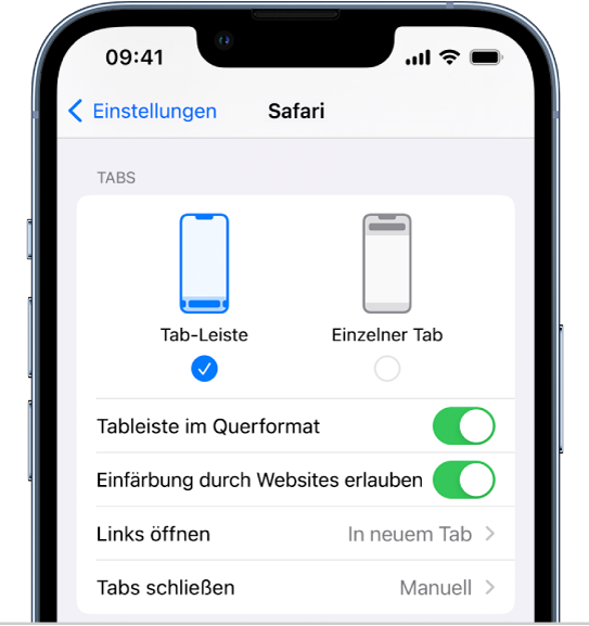 Ein Bildschirm zeigt zwei Safari-Layoutoptionen: „Tableiste“ und „Einzelner Tab“.