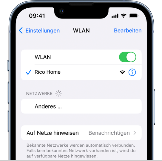 Der Bildschirm mit den WLAN-Optionen in „Einstellungen“. WLAN ist aktiviert und ein neues Netzwerk ist ausgewählt.