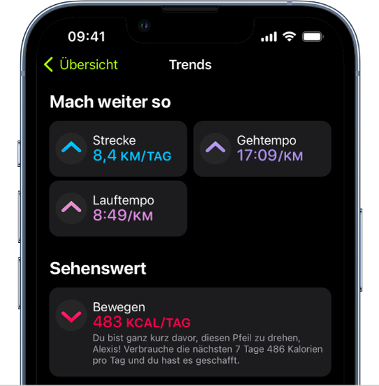 Der Bildschirm „Trends“ in der App „Fitness“ zeigt Messwerte für Strecke, Gehtempo, Lauftempo und aktiv verbrannte Kalorien.