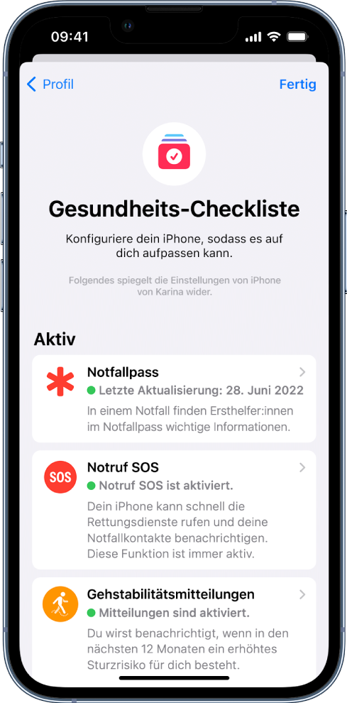 Der Bildschirm „Gesundheits-Checkliste“ mit den aktiven Optionen „Notfallpass“ und „Gehstabilitätsmitteilungen“.