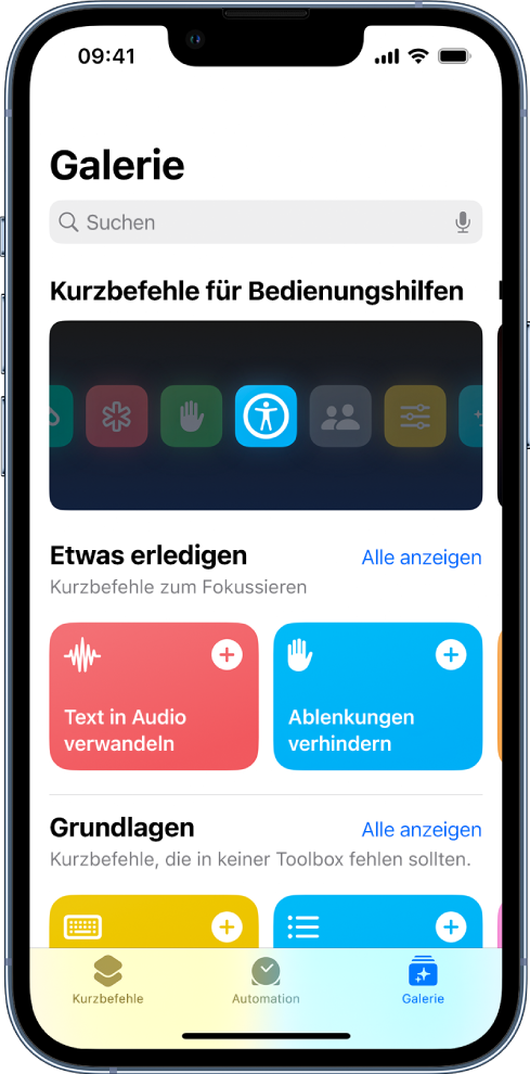 Der Bildschirm „Galerie“ in der App „Kurzbefehle“ mit einer Liste von Kurzbefehlen zum Ausführen alltäglicher Aufgaben, etwa zum Umwandeln von Text in Audio und zum Einschränken von Ablenkungen. Unten befinden sich die Tabs „Kurzbefehle“, „Automation“ und „Galerie“.