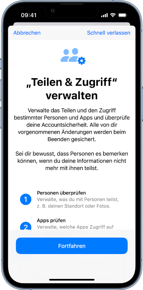 Der Bildschirm „‚Teilen & Zugriff‘ verwalten“ mit Informationen über die Funktionsweise der Funktion. Unten befindet sich die Taste „Fortfahren“.