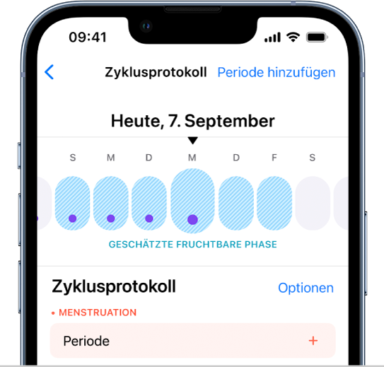 Der Bildschirm „Zyklusprotokoll“. Im oberen Bereich befindet sich eine Zeitleiste mit einer voraussichtlichen Fruchtbarkeitsphase.