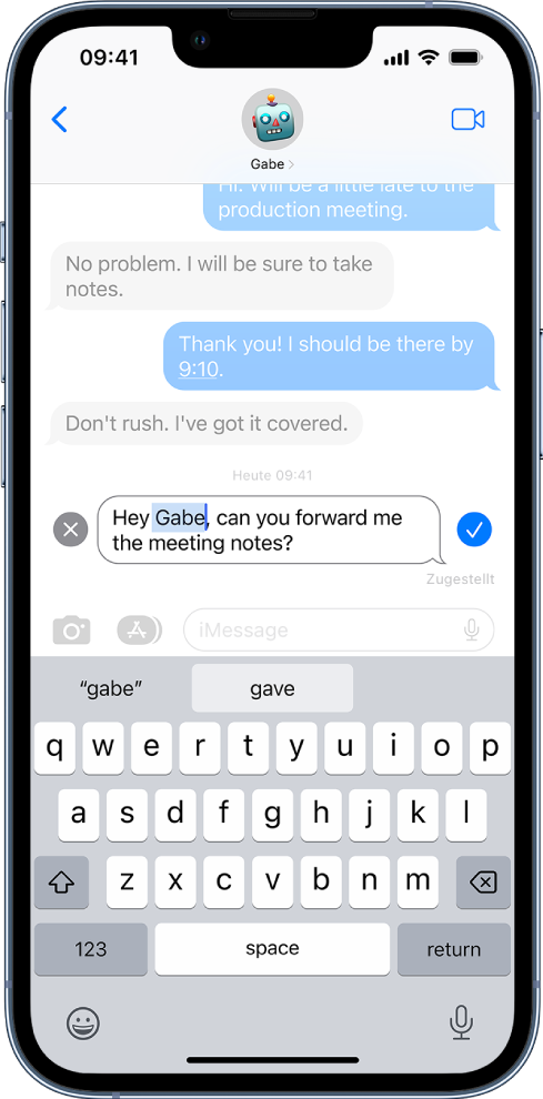 Eine Konversation in der App „Nachrichten“. Die letzte Nachricht in der Konversation wird bearbeitet.