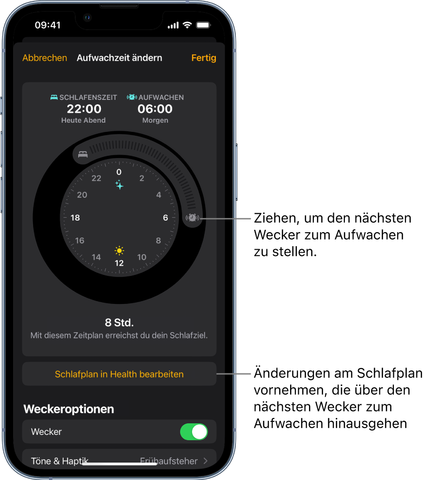 Ein Bildschirm zum Ändern des Weckers zum Aufwachen für morgen. Durch Ziehen kann mit jeweiligen Symbolen die Schlafenszeit und die Aufwachzeit verändert werden. Außerdem ist eine Taste zum Ändern des Schlafplans in der App „Health“ zu sehen sowie eine Taste zum Aktivieren oder Deaktivieren des Weckers zum Aufwachen.