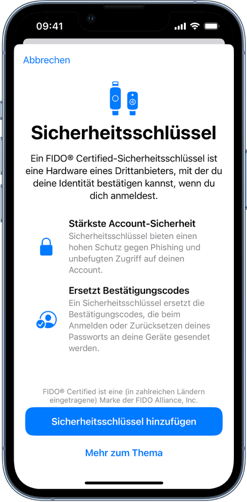 Der Willkommensbildschirm „Sicherheitsschlüssel“ Unten im Bildschirm befinden sich die Taste „Sicherheitsschlüssel hinzufügen“ und ein Link „Weitere Infos“. Darüber erscheint die Beschreibung der Vorteile, die Sicherheitsschlüssel besitzen.