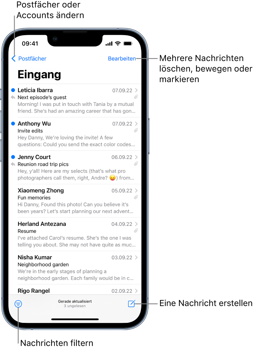 Im Posteingang ist eine Liste von E-Mails zu sehen. Die Taste „Postfächer“ zum Wechseln zu einem anderen Postfach befindet sich links oben. Die Taste „Bearbeiten“ zum Löschen, Verschieben oder Markieren von E-Mails ist rechts oben. Die Taste zum Filtern von E-Mails, sodass nur bestimmte Arten von E-Mails angezeigt werden, befindet sich links unten. Die Taste zum Verfassen einer neuen E-Mails ist rechts unten.