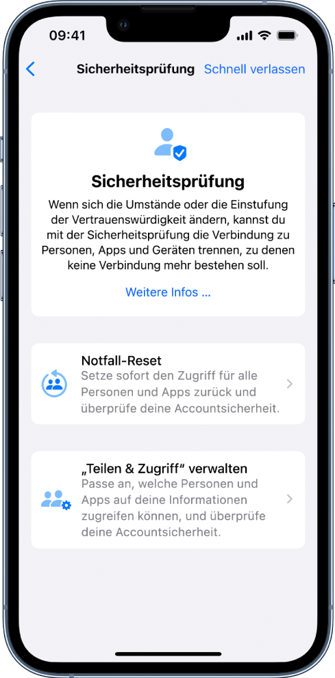 Der Bildschirm „Sicherheitsprüfung“ mit Informationen über die Funktion und den Tasten „Notfall-Reset“ und „‚Teilen & Zugriff‘ verwalten“.
