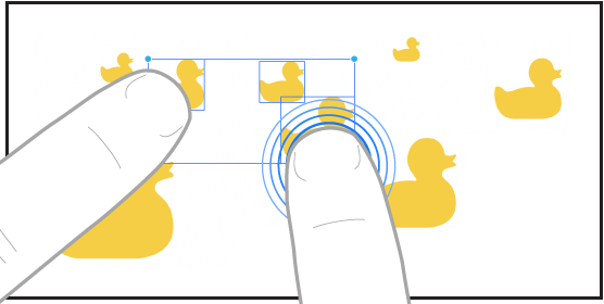 Eine Abbildung zeigt zwei Finger, die Objekte in Freeform auswählen.