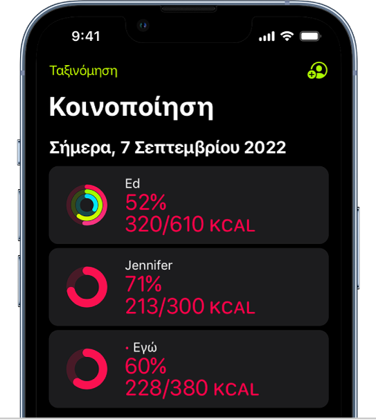 Η οθόνη κοινοποίησης της Άθλησης, με κύκλους Κίνησης και συνόψεις δραστηριότητας που κοινοποιούνται μεταξύ ενός ατόμου και των φίλων του.