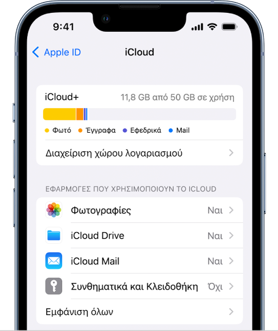 Η οθόνη ρυθμίσεων του iCloud όπου φαίνονται ο μετρητής χώρου αποθήκευσης iCloud και μια λίστα εφαρμογών και δυνατοτήτων, όπως οι Φωτογραφίες, οι Επαφές και το iCloud Mail, οι οποίες μπορούν να χρησιμοποιηθούν με το iCloud.