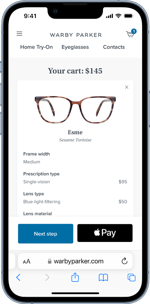 Ιστοσελίδα προϊόντος για γυαλιά όρασης όπου φαίνεται το κουμπί Apple Pay κάτω δεξιά.