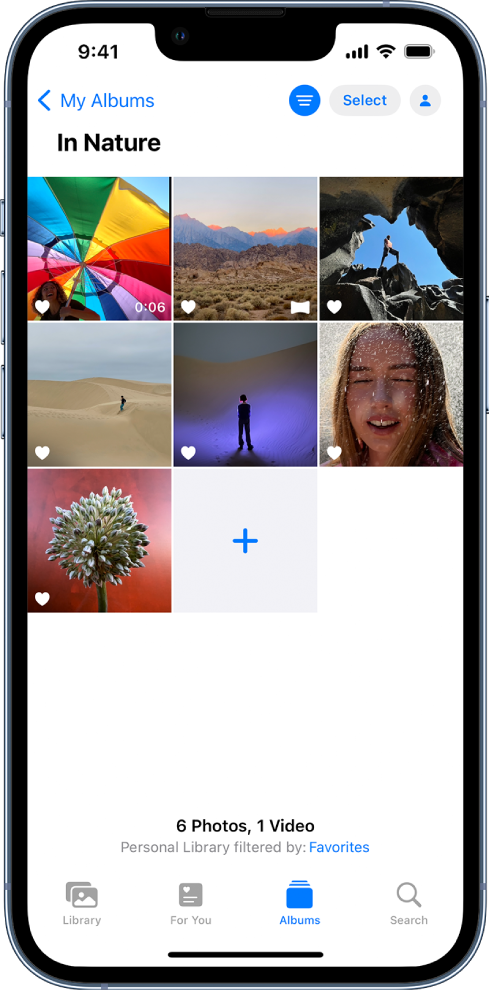 The Albums button is selected at the bottom of the screen and a photo album is open. In the top right of the screen, the Filter button is selected and the filtered photos are displayed in a grid on the screen.