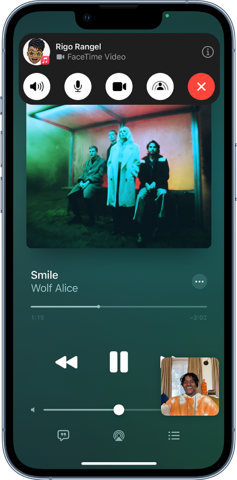 A FaceTime call, showing participants sharing audio content from Apple Music. The album cover is pictured near the top of the screen, and the title and audio controls are just below it.