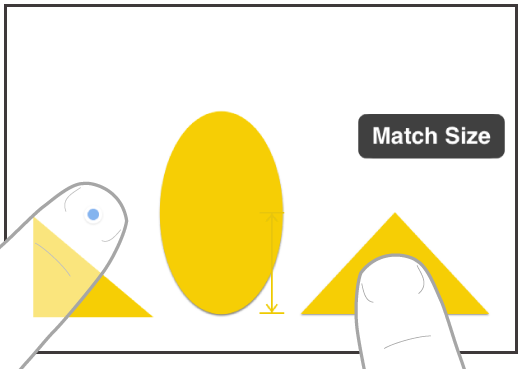 An illustration showing two fingers on two hands selecting and matching the sizes of two items in Freeform.