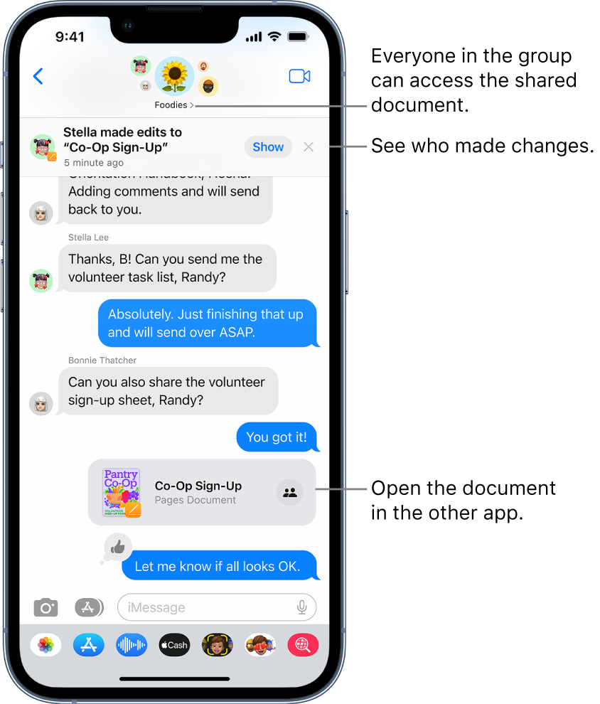 A group conversation in Messages including a collaboration invitation and updates at the top of the conversation window.