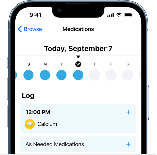 The Medications screen in Health showing a timeline and a log for medications.