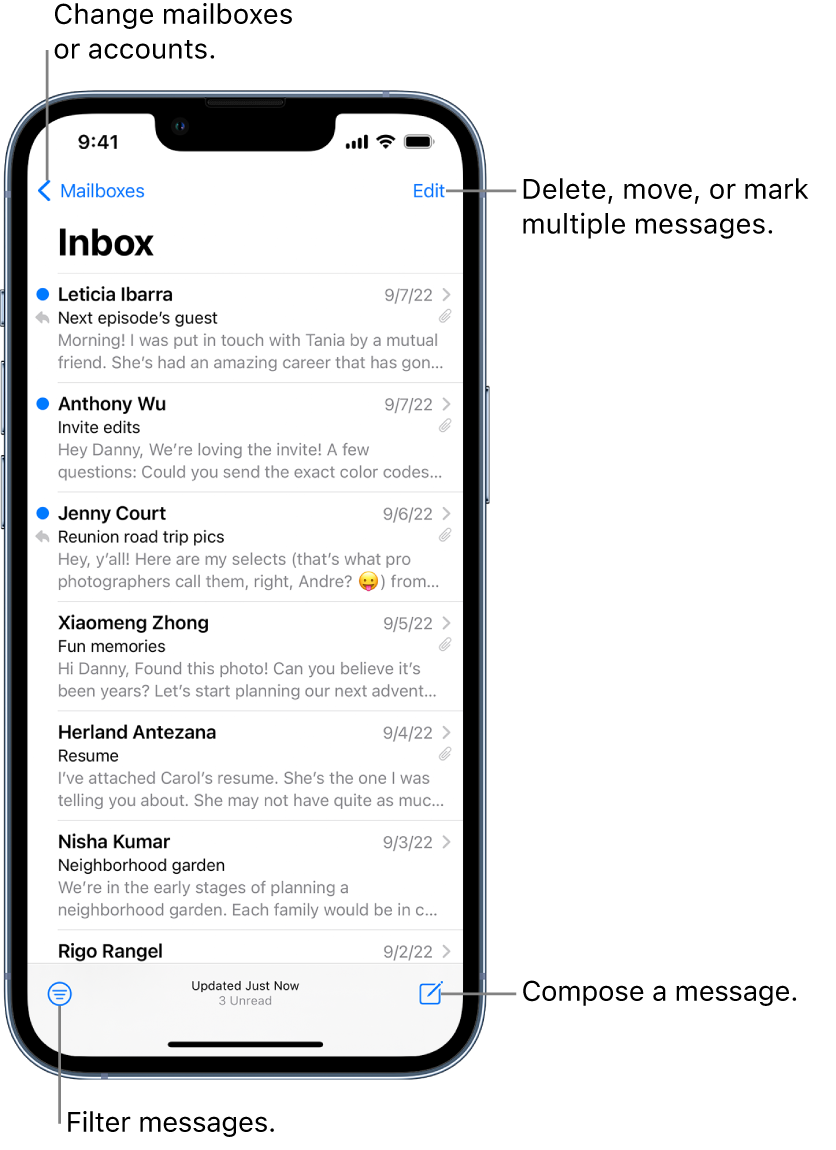The Inbox, showing a list of emails. The Mailboxes button for switching to another mailbox is in the top-left corner. The Edit button for deleting, moving, or marking emails is in the top-right corner. The button for filtering emails so only certain kinds of emails show is in the bottom-left corner. The button for composing a new email is in the bottom-right corner.