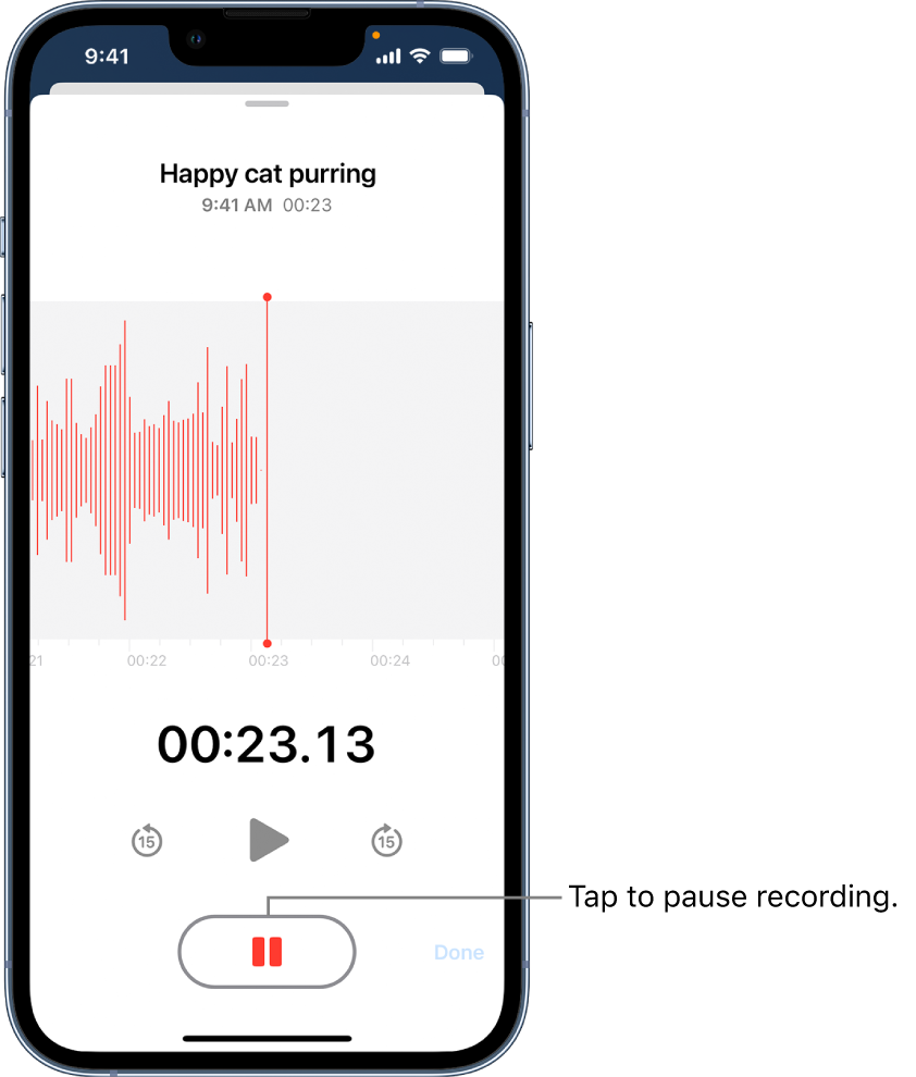 A Voice Memos recording in progress, with an active Pause button and dimmed controls for playing, skipping forward 15 seconds, and skipping backward 15 seconds. The main part of the screen shows the waveform of the recording that’s in progress, along with a time indicator. The orange Microphone In Use Indicator appears at the top right.