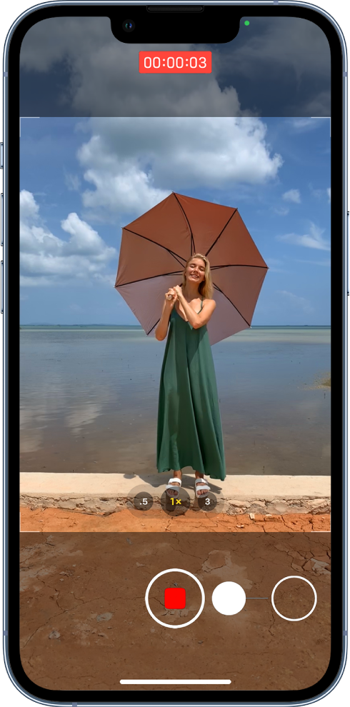 The Camera screen in Photo mode. The subject fills the center of the screen, inside the camera frame. At the bottom of the screen, the Shutter button moves to the right, demonstrating the movement of starting a QuickTake video. The video timer is at the top of the screen.