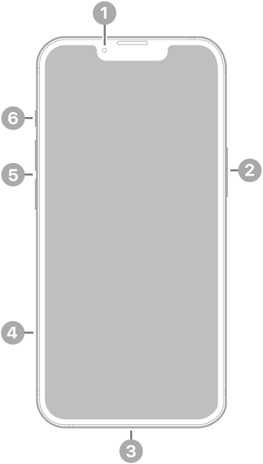 The front view of iPhone 14. The front camera is at the top center. The side button is on the right side. The Lightning connector is on the bottom. On the left side, from bottom to top, are the SIM tray, the volume buttons, and the ring/silent switch.